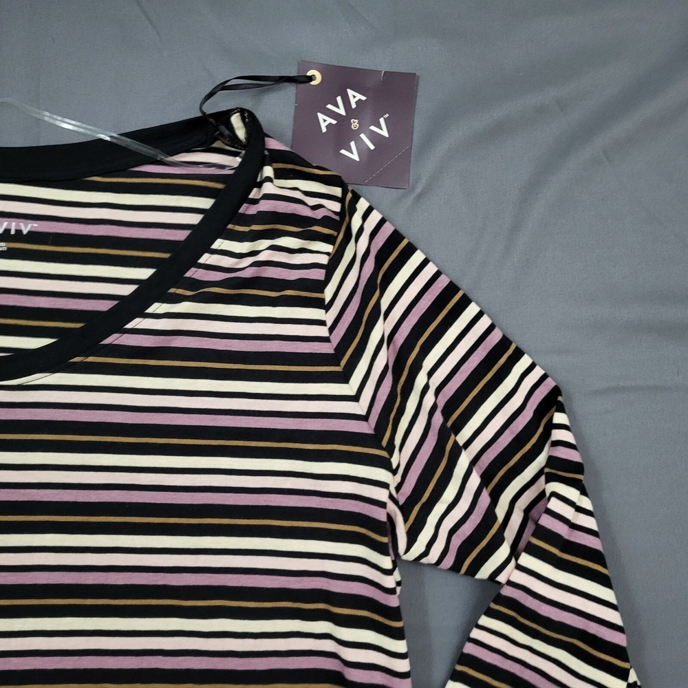 Ava & Viv Womens 1X Striped Long Sleeve Scoop Neck Tee Black Purple Pink NEW - Picture 12 of 14